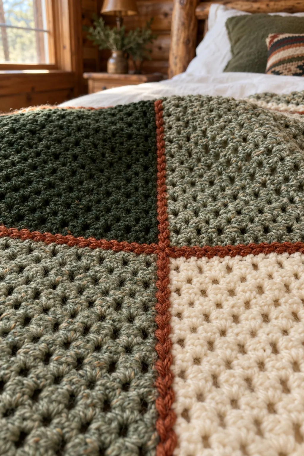 Close-up of forest green, sage and cream moss stitch squares joined by raised rust seams on a log cabin bed