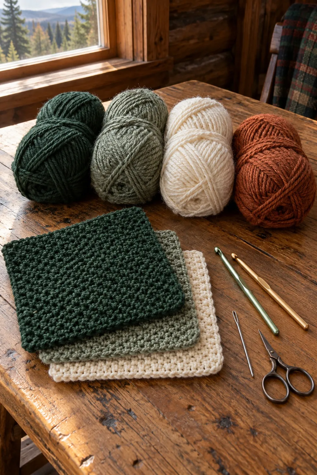 Forest green, sage, cream and rust yarn with moss stitch squares, two crochet hooks and a yarn needle on a wooden table
