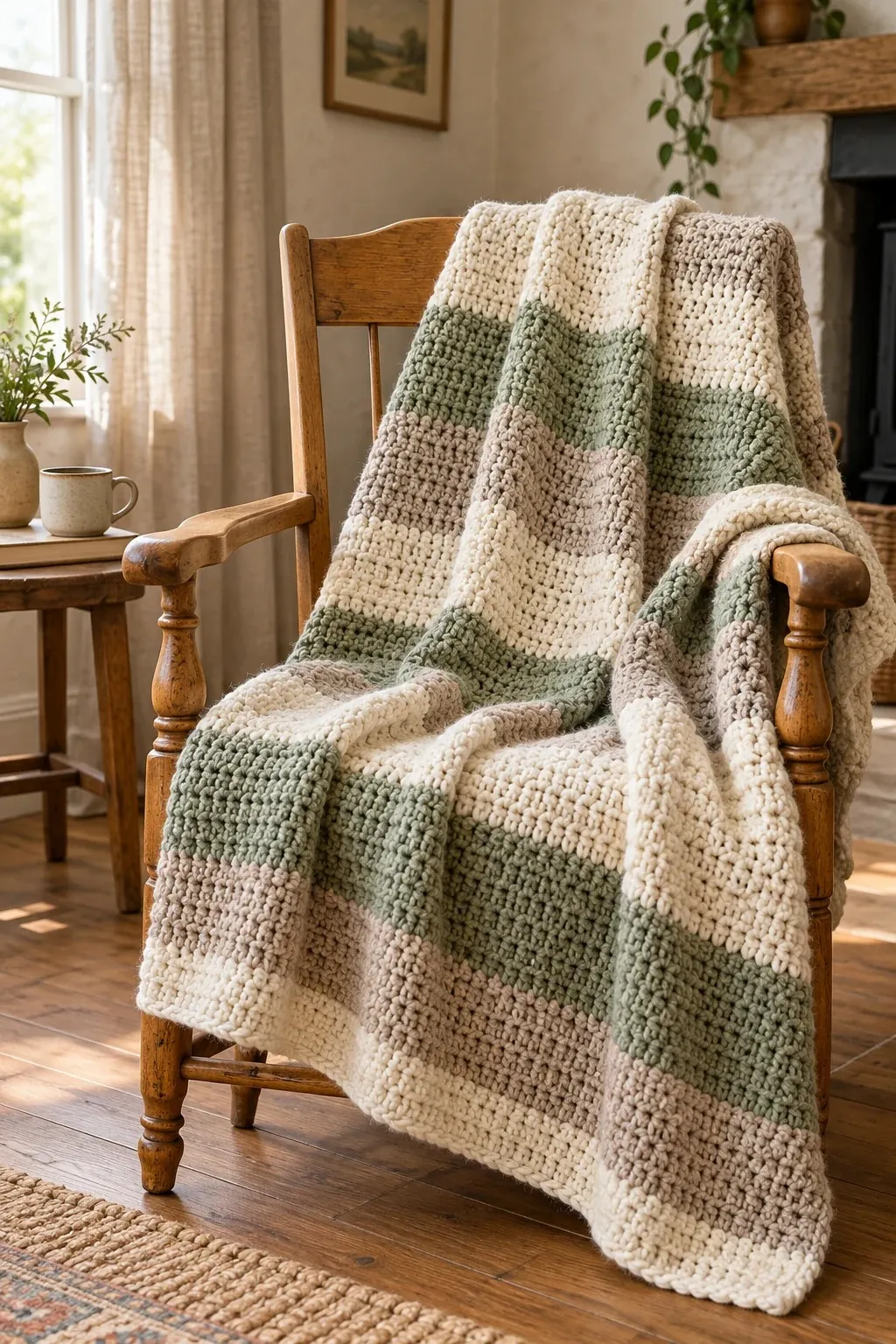 Sage green, oatmeal and cream striped crochet blanket draped over a wooden chair in a sunny living room