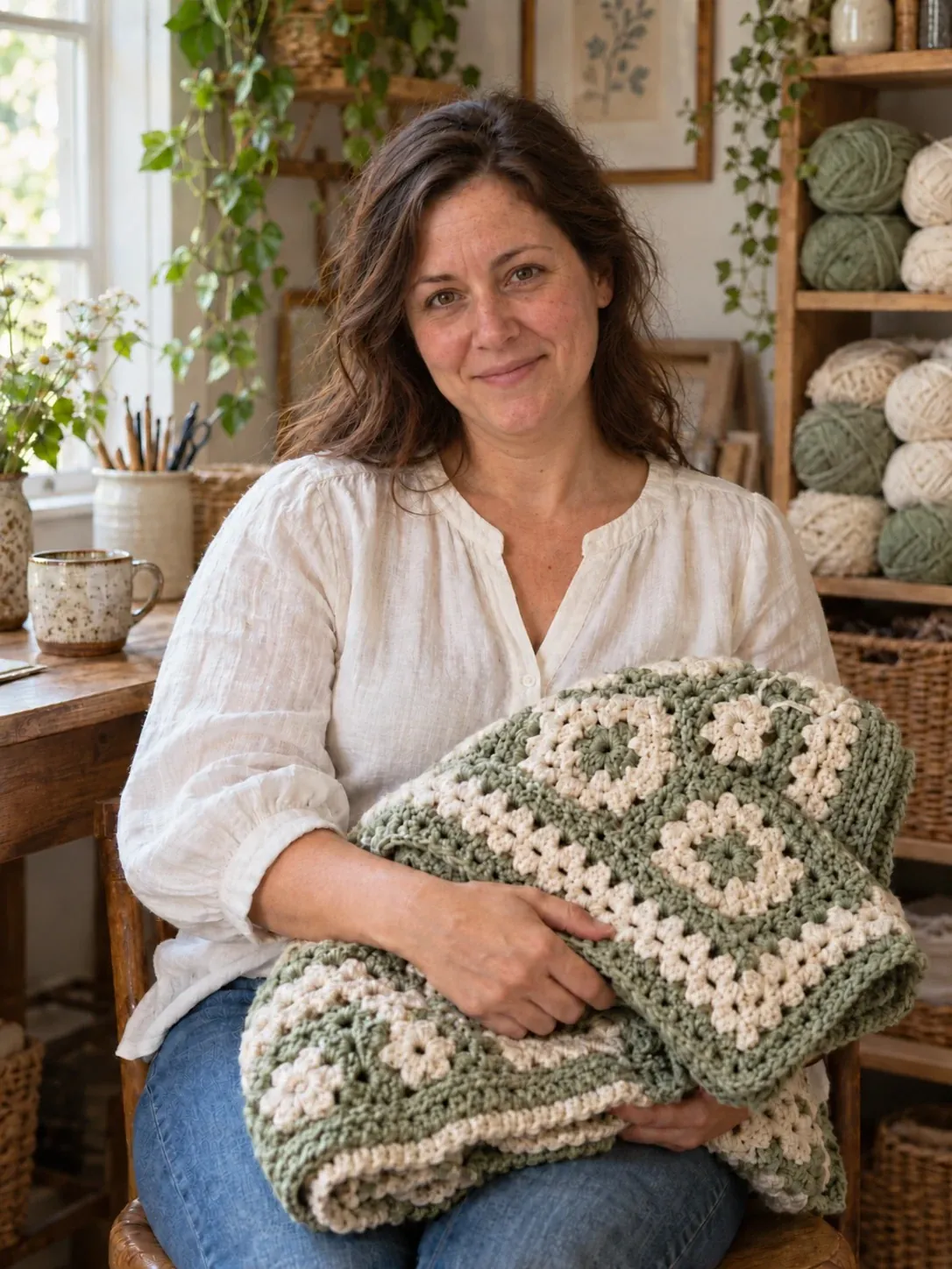 Zariah sitting in her yarn corner, holding a folded green and cream granny square blanket