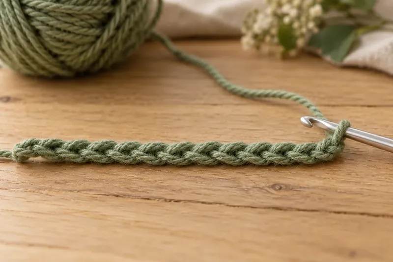 Sage green crochet chain on a wooden table, with the hook still in the last loop and a ball of yarn nearby