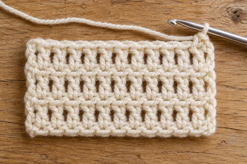 Cream swatch of double crochet rows with a crochet hook on a wooden table