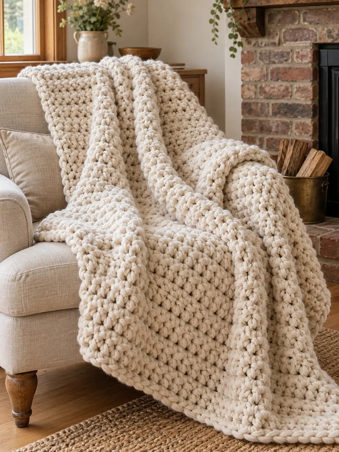 Chunky ivory crochet throw draped over a linen armchair beside a brick fireplace