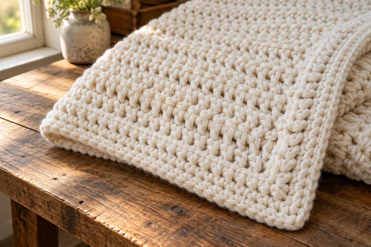 Close-up of a chunky ivory crochet blanket in half double crochet, with thick stitches and a neat single crochet edge