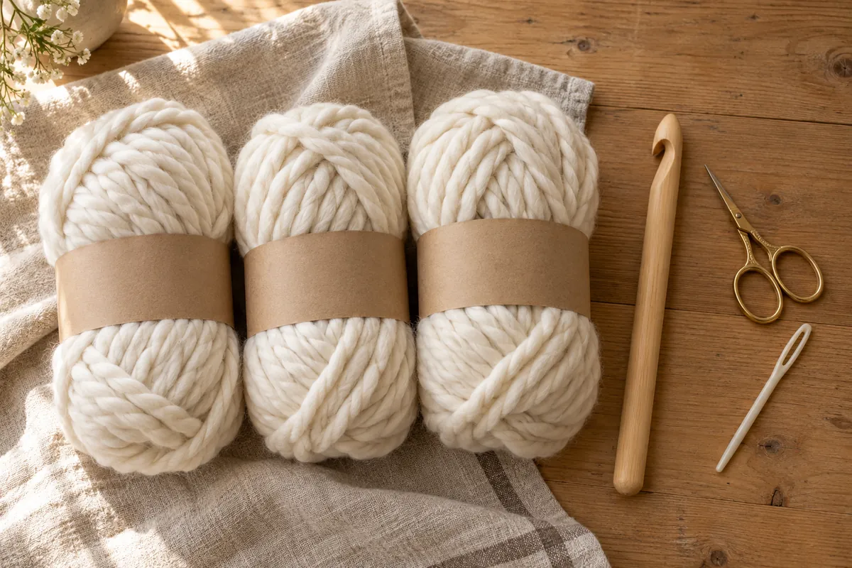 Skeins of super bulky ivory yarn with a large crochet hook, scissors and a yarn needle on a wooden table