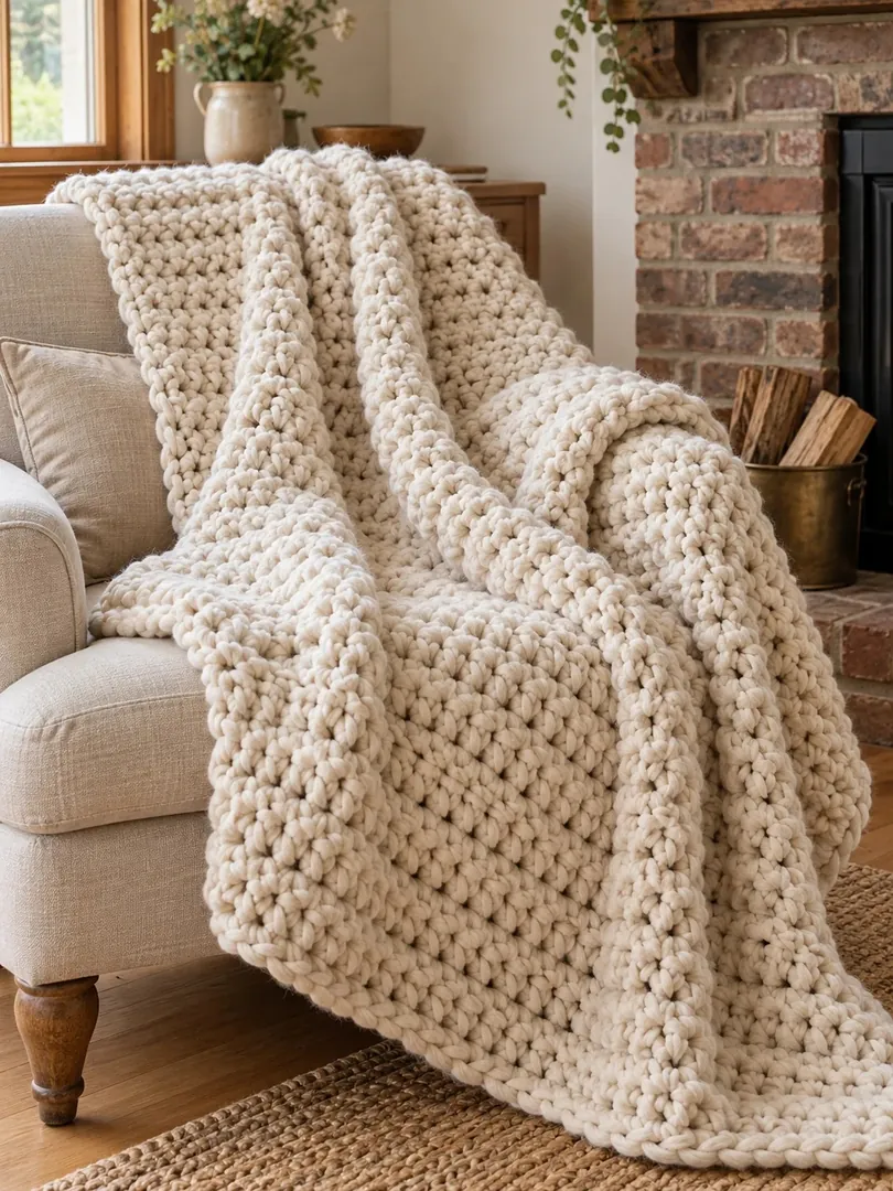 Chunky cream crochet throw draped over an armchair beside a brick fireplace