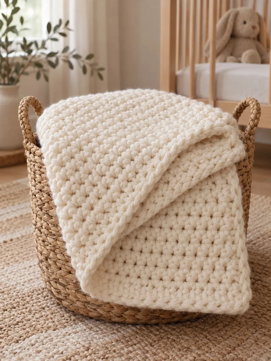 Folded cream single crochet baby blanket in thick yarn inside a woven seagrass basket in a nursery