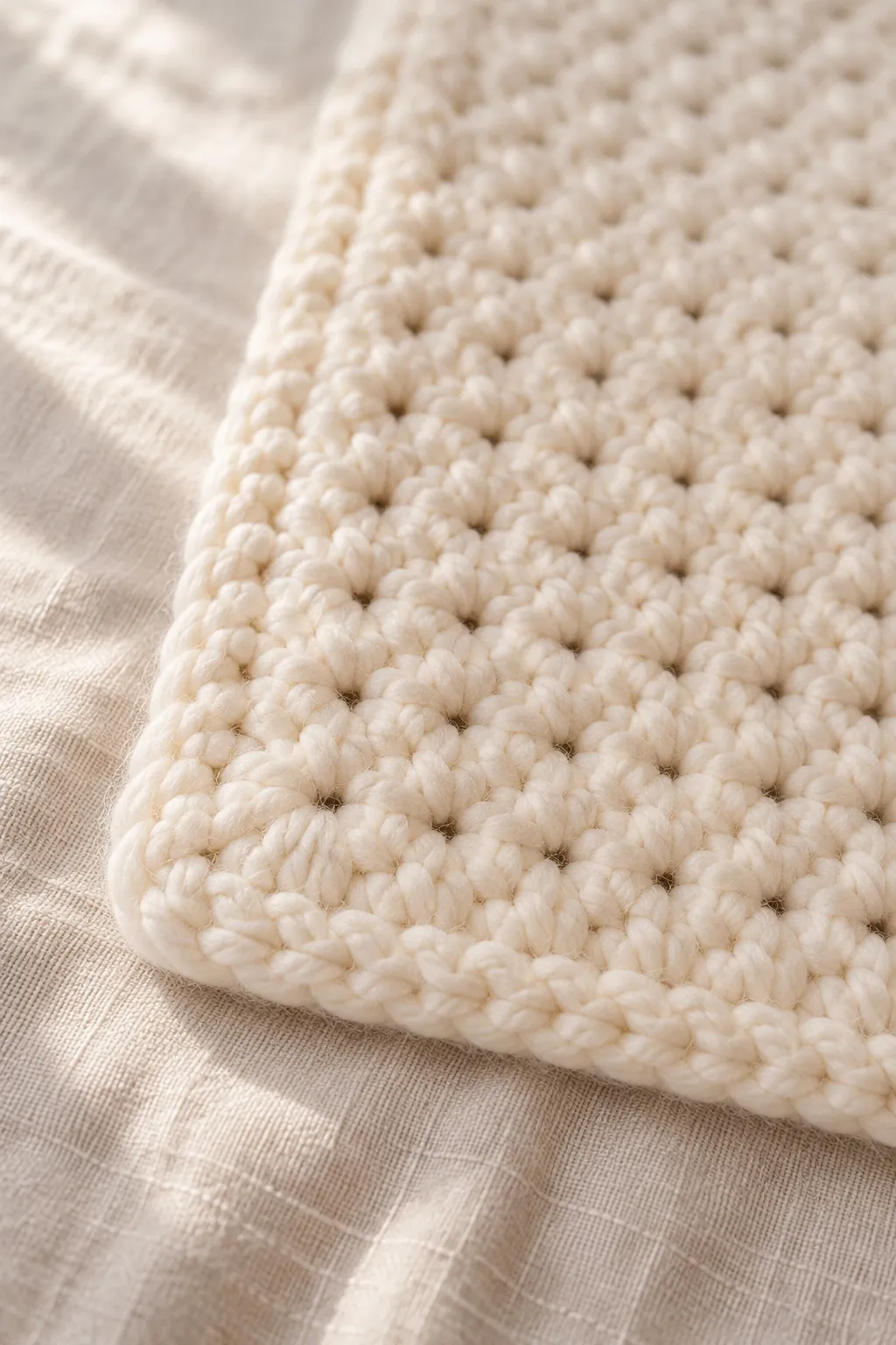Close-up of a corner of a cream super bulky single crochet blanket with a one-round single crochet border