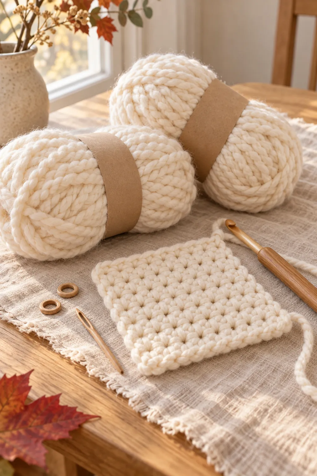 Cream super bulky yarn skeins with a wooden crochet hook, a small single crochet swatch, two wooden ring stitch markers, a needle and maple leaves