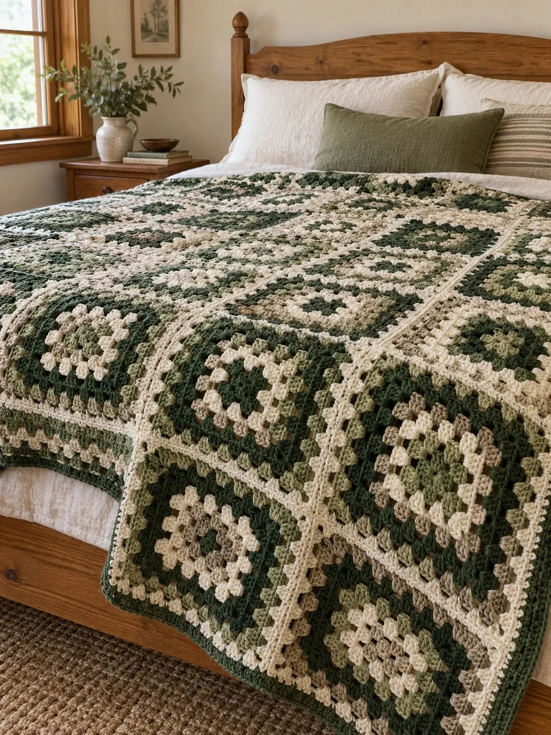 Granny square blanket in forest green, sage, pale sage, taupe and cream with a dark green border on a wooden bed