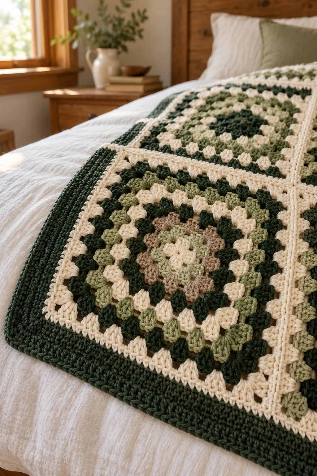 Wide forest green border in front of a cream, sage, pale sage and taupe granny square with a raised cream seam
