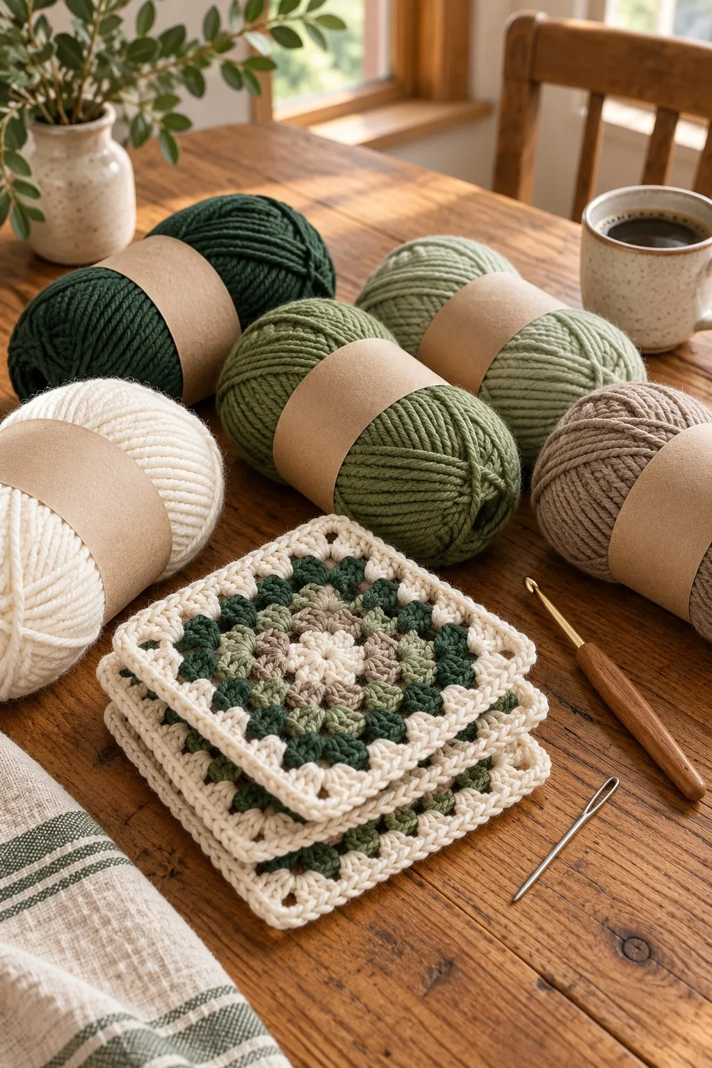 Five bulky skeins in cream, forest green, sage, pale sage and taupe beside a crochet hook and a stack of granny squares