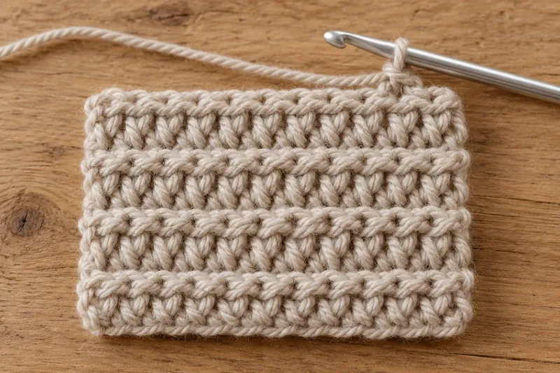 Oatmeal swatch of half double crochet rows with a crochet hook on a wooden table