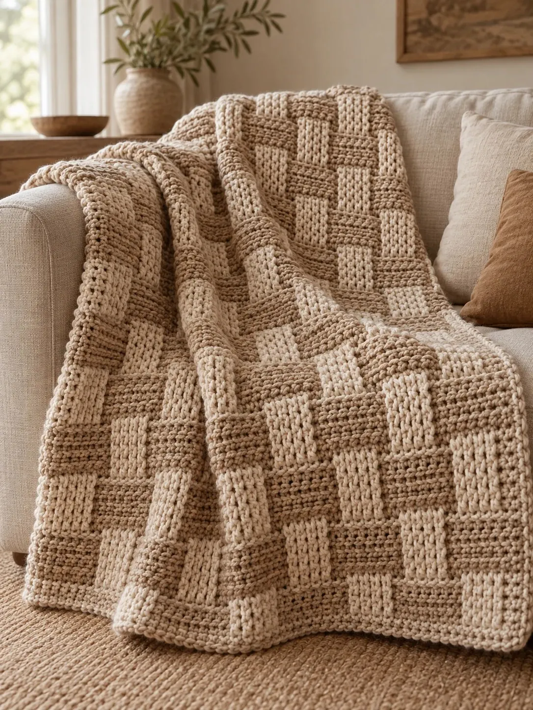 Cream and linen basketweave throw draped over a cream sofa, with a rust pillow, an olive branch vase and a jute rug