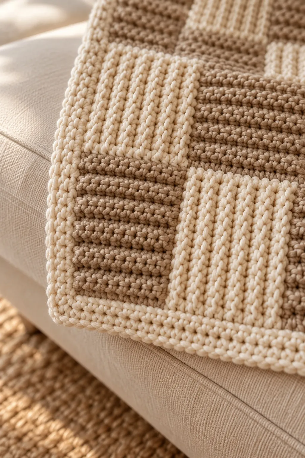 Corner of a crochet throw with cream squares in vertical ridges, linen squares in horizontal ridges and a cream border