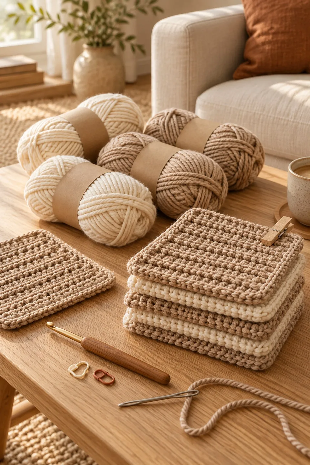 Four cream and linen yarn skeins, a wooden crochet hook, stacked ridged squares, a yarn needle and markers on oak