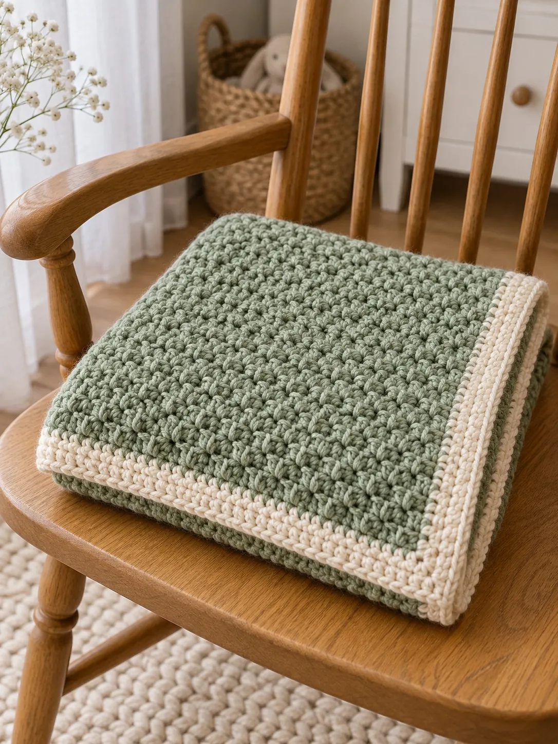 Folded sage green crochet baby blanket with a cream border on the seat of an oak spindle-back chair