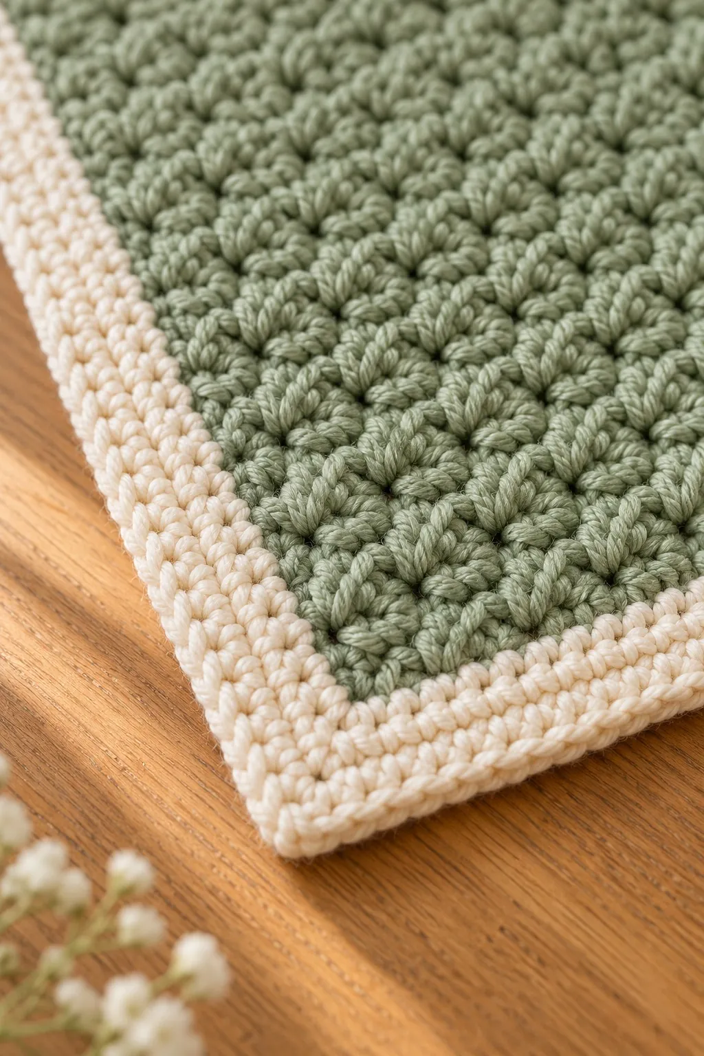 Close-up of tight sage suzette stitch in DK yarn with a narrow cream single crochet border turning a corner on a wooden table
