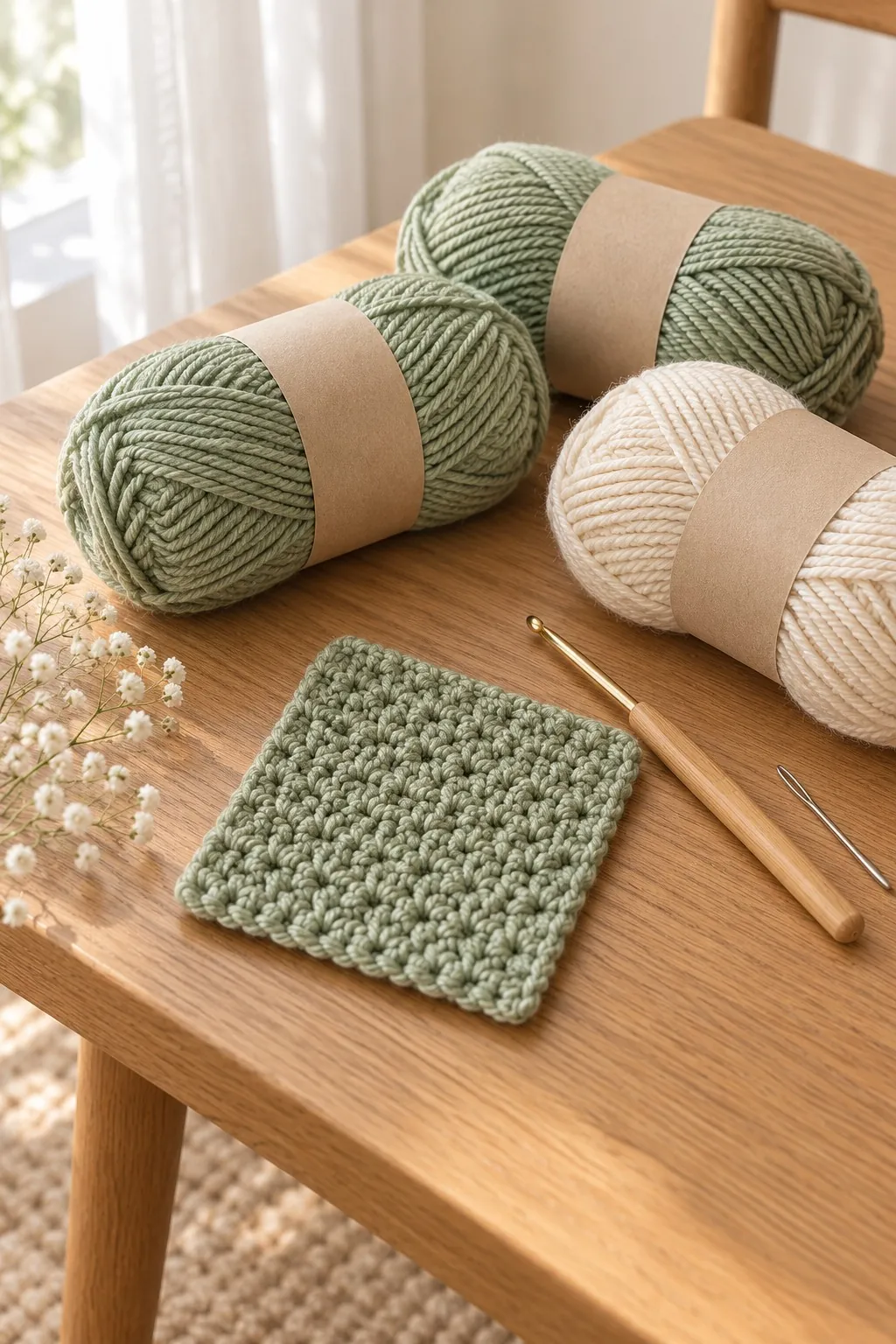Two sage skeins and one cream skein with a wooden crochet hook, a small sage swatch and a yarn needle on an oak table