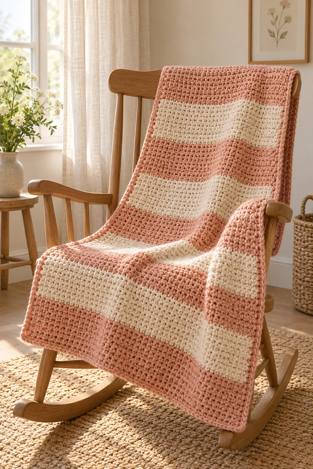 Peach and cream striped crochet baby blanket draped over a wooden rocking chair in a sunny nursery