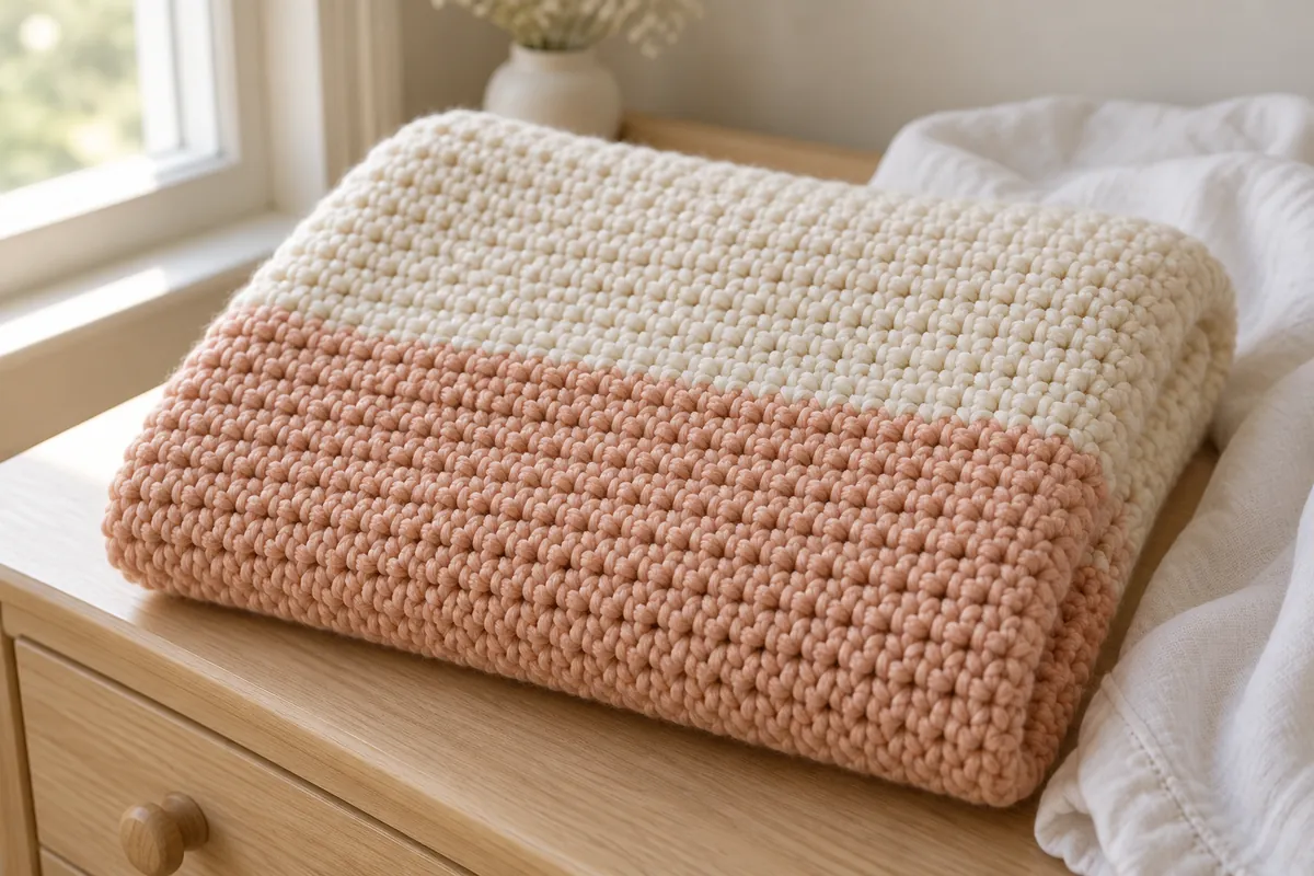 Close-up of a crochet baby blanket in single crochet, where a peach stripe meets a cream stripe