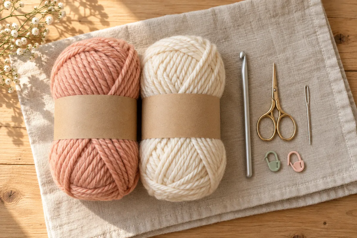 Two skeins of peach and cream bulky yarn with a crochet hook, scissors, yarn needle and stitch markers on a wooden table