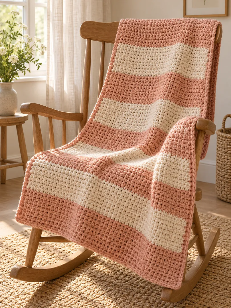 Peach and cream striped crochet baby blanket draped over a wooden rocking chair in a sunny nursery