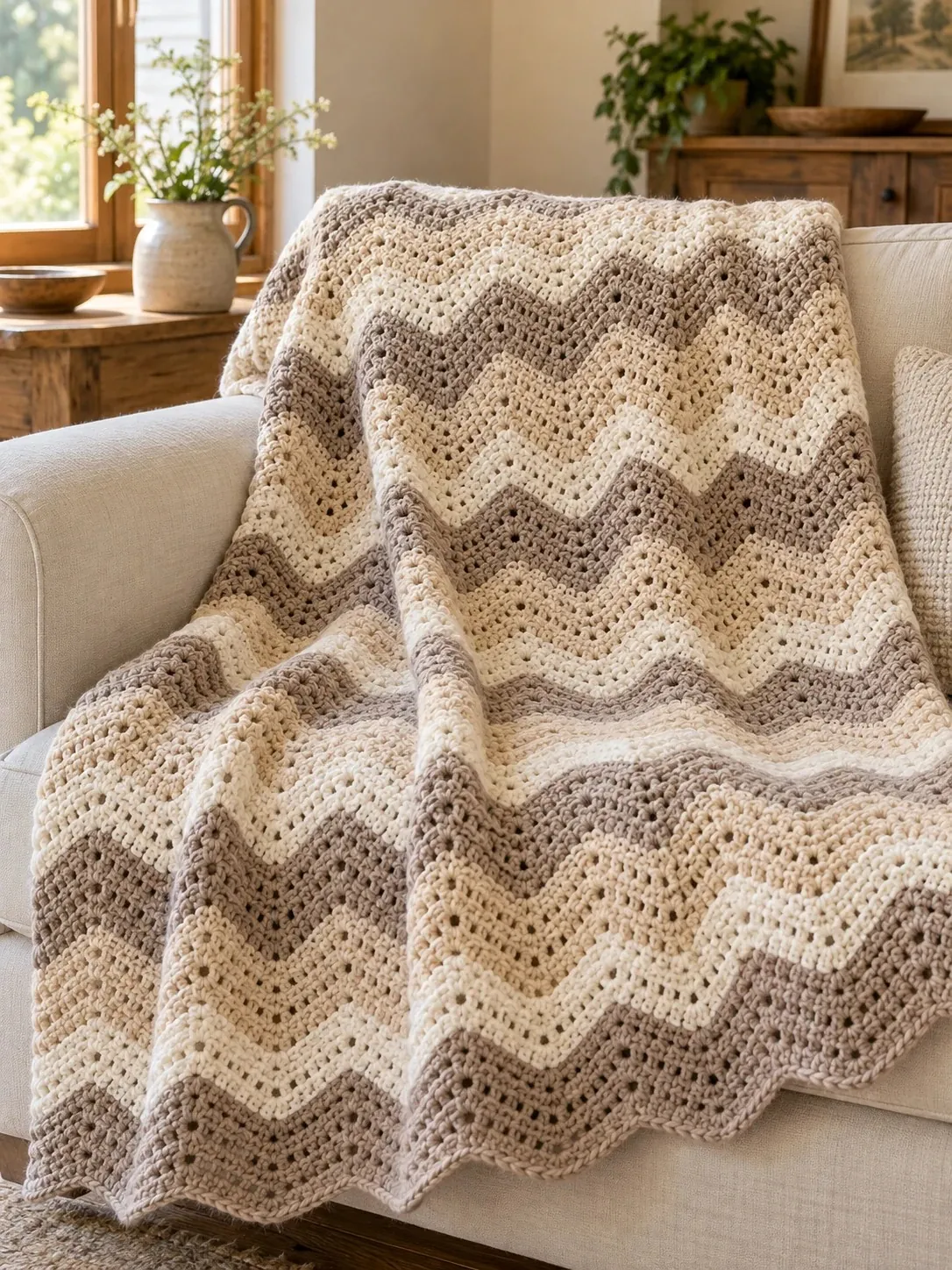 Taupe, oat and cream chevron crochet blanket draped over a cream sofa beside a sunny window and a jug of flowers