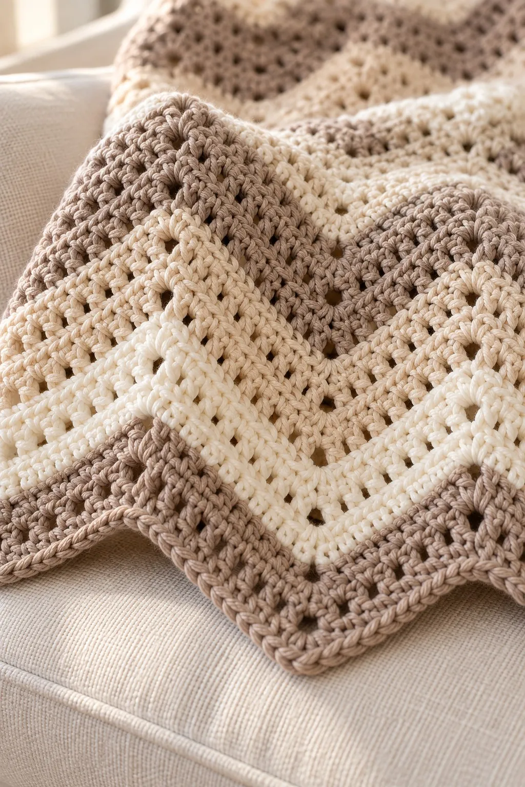 Close-up of a taupe, cream and oat crochet ripple in double crochet, with a pointed taupe edge on a linen sofa