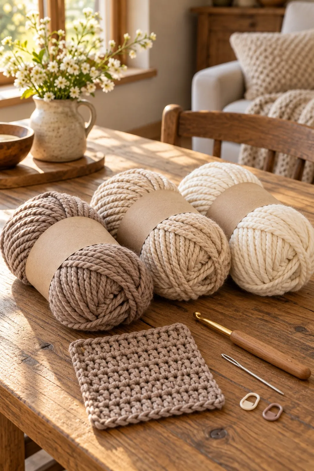 Taupe, oat and cream bulky yarn skeins with a crochet hook, a taupe swatch, a yarn needle and markers on a wooden table
