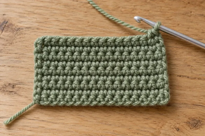 Small sage green swatch of single crochet rows with a crochet hook on a wooden table