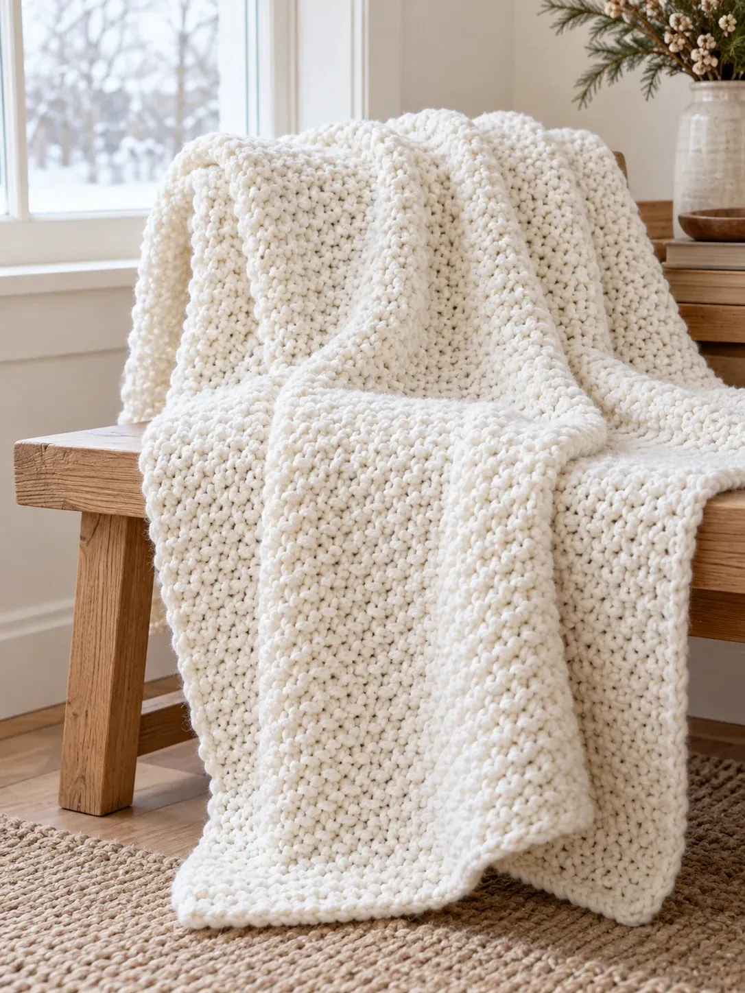 Cream moss stitch crochet throw draped over an oak bench by a snowy window, with a jute rug and pine branches