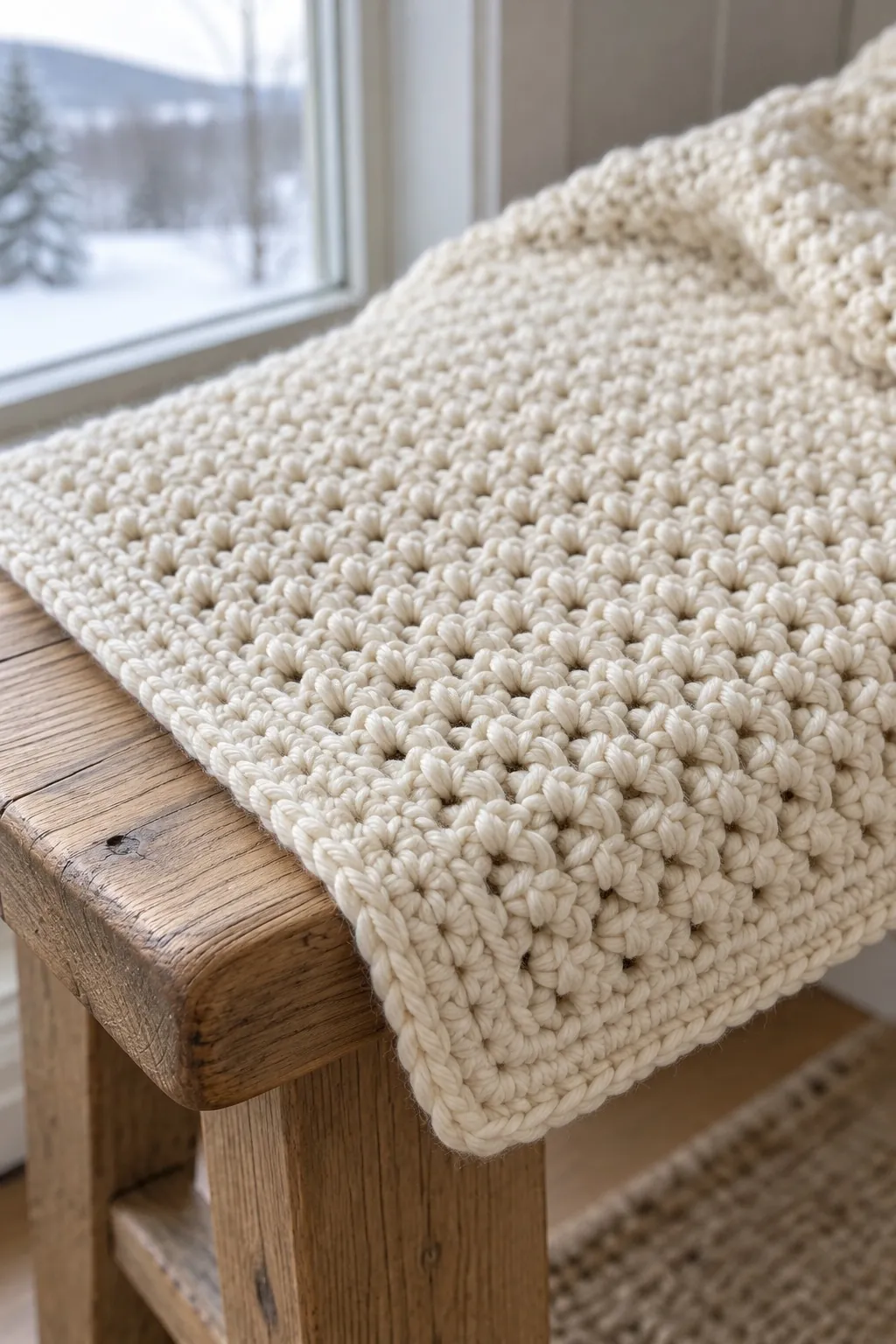 Close-up of a cream moss stitch crochet throw in bulky yarn with a single crochet edge, on an oak bench by a snowy window
