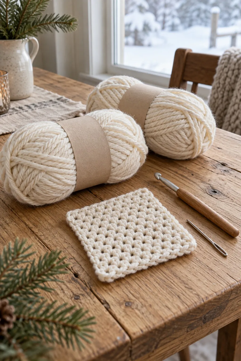 Two cream skeins of bulky yarn, a crochet hook, a moss stitch swatch and a yarn needle on a wooden table by a snowy window