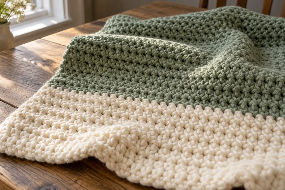 Close-up of a crochet blanket in half double crochet, where a cream stripe meets a sage green stripe