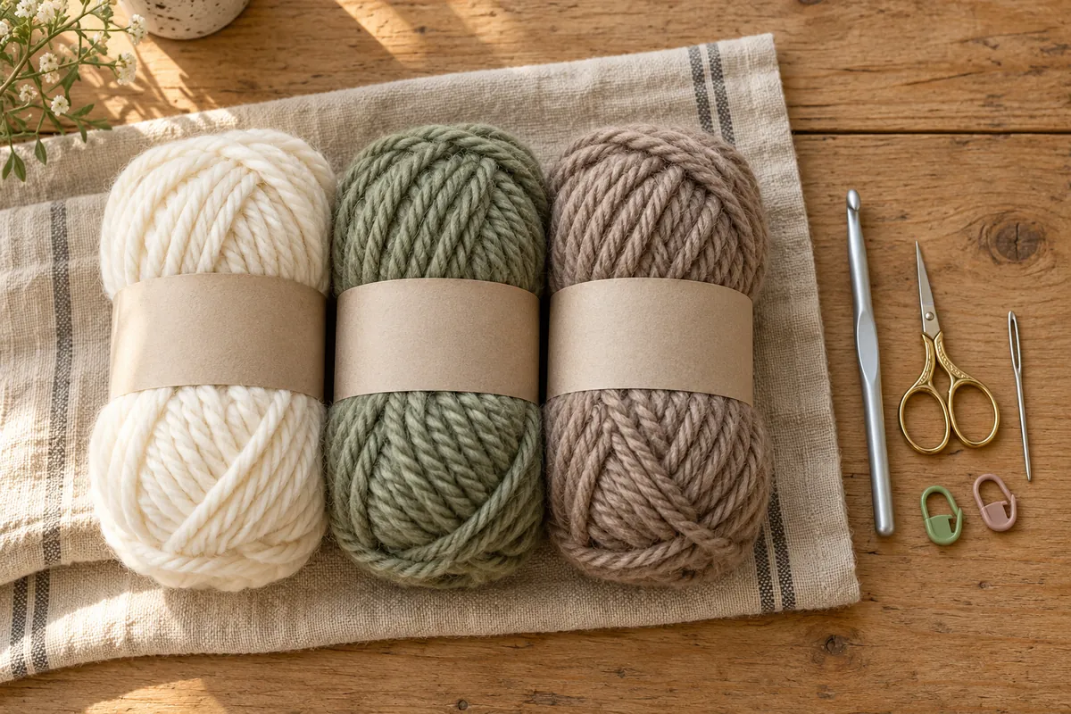 Three skeins of bulky yarn in cream, sage green and taupe with a crochet hook, scissors, a yarn needle and stitch markers on a wooden table