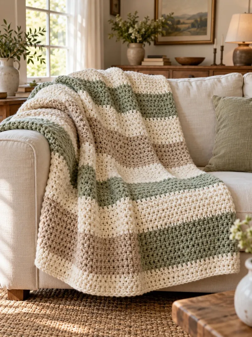 Cream, sage and taupe striped crochet throw draped over a linen sofa