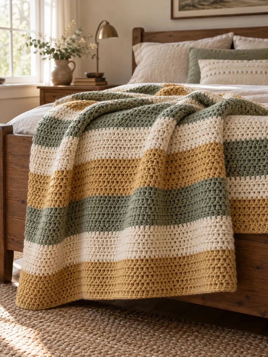 Mustard, cream and sage striped crochet blanket draped over the foot of a wooden bed in a sunlit bedroom
