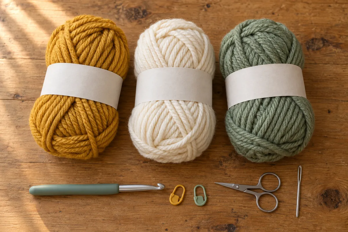 Bulky yarn skeins in mustard, cream and sage beside a crochet hook, stitch markers, scissors and a yarn needle on wood