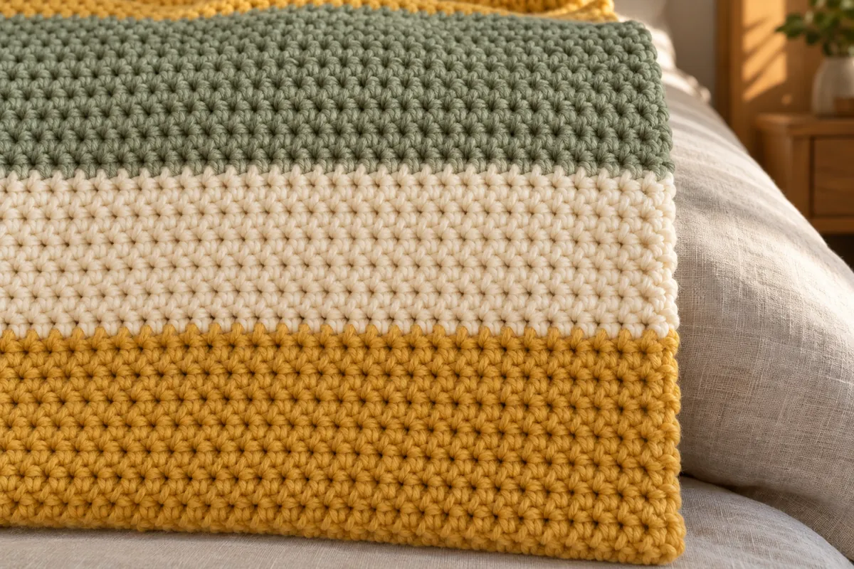 Close-up of bulky single crochet stripes in mustard, cream and sage along the plain side edge of a blanket
