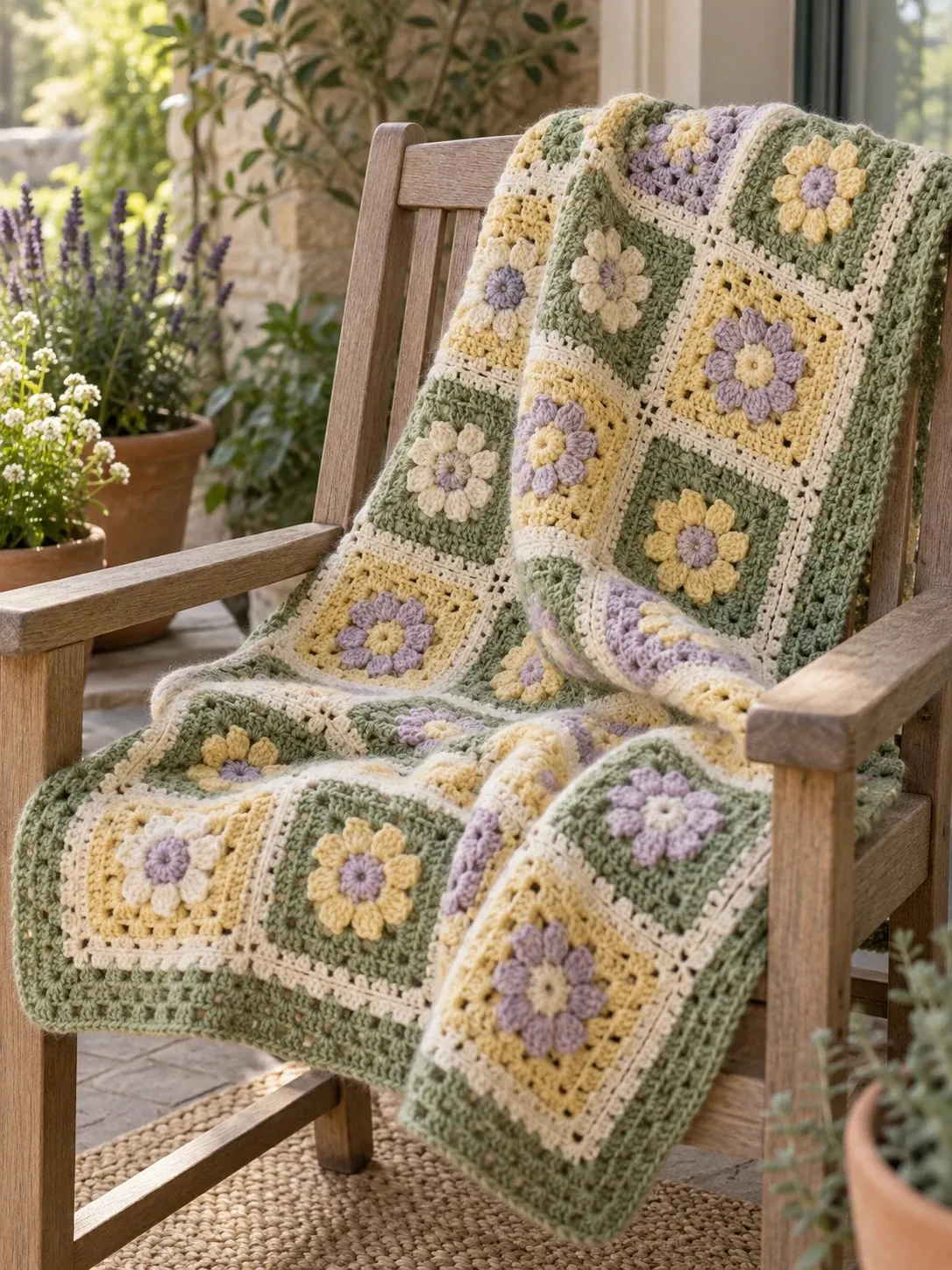 Granny square blanket with lavender, yellow and cream flowers on sage and butter squares, draped on a wooden armchair