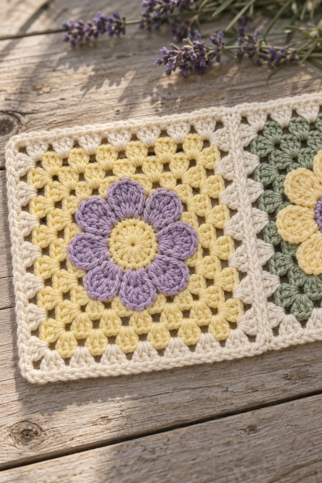 Close-up of a lavender crochet flower on a butter yellow granny square, joined to a sage square by a cream edge