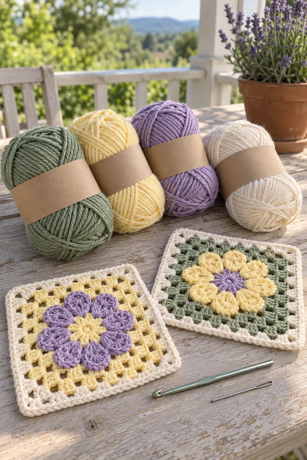 Worsted skeins in sage, butter yellow, lavender and cream beside a crochet hook, two flower squares and a yarn needle