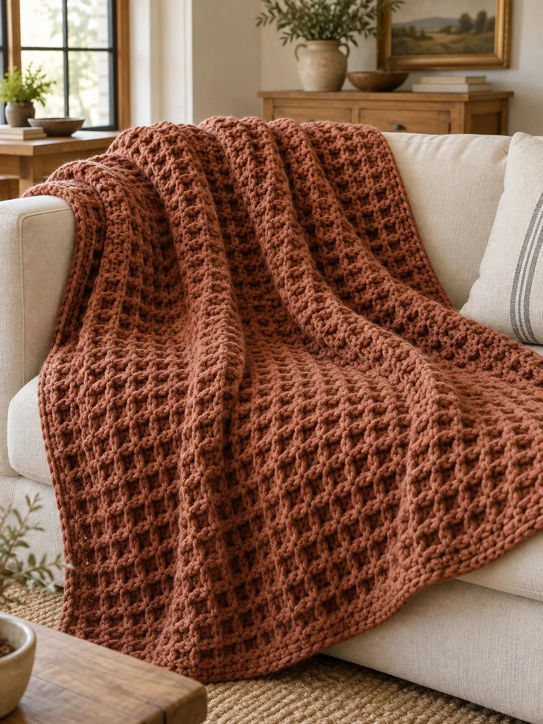 Rust waffle stitch crochet throw draped over a cream sofa by a striped pillow, with a jute rug and oak console