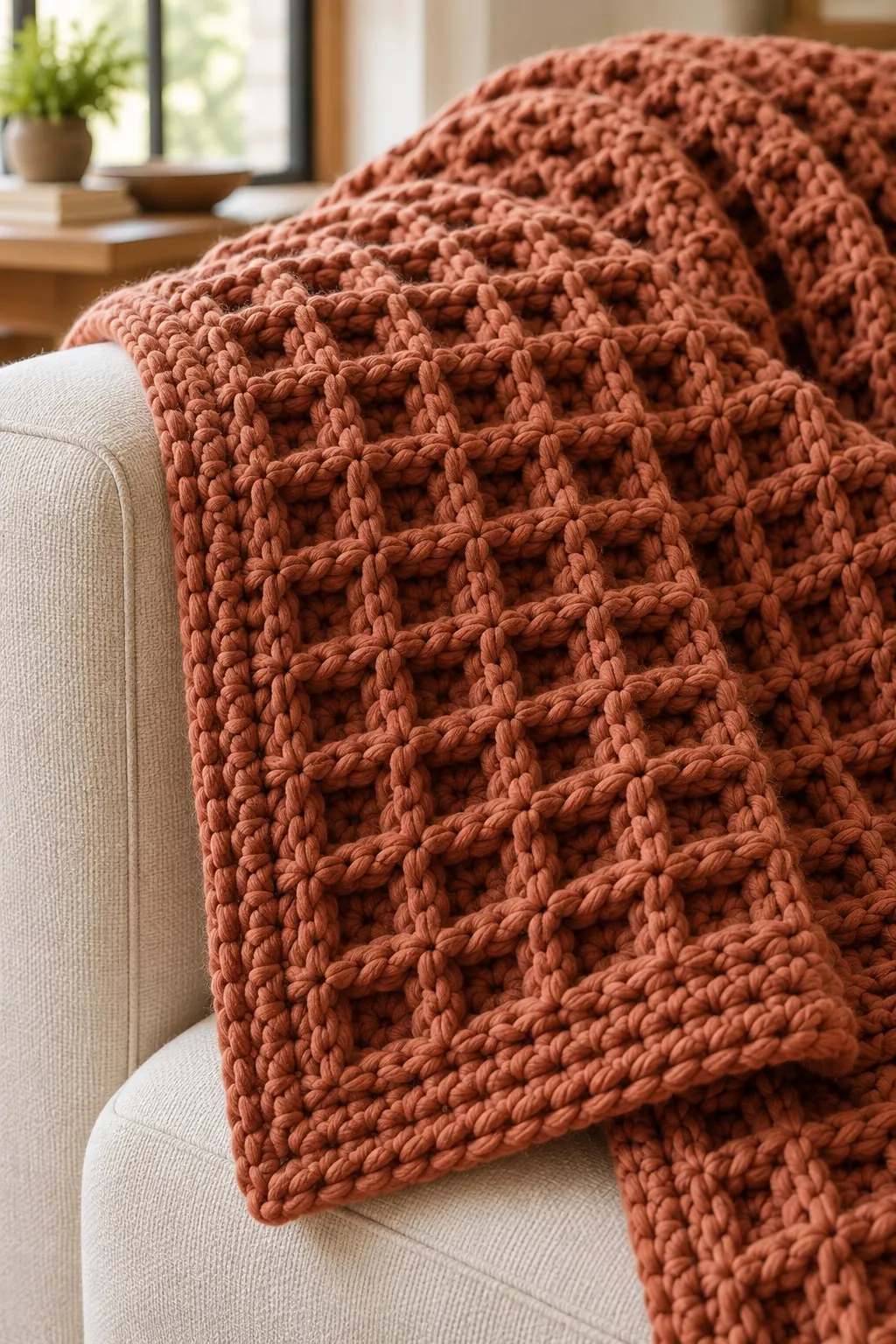 Rust crochet throw over a cream sofa arm, with a raised square waffle grid and a single crochet border at the corner