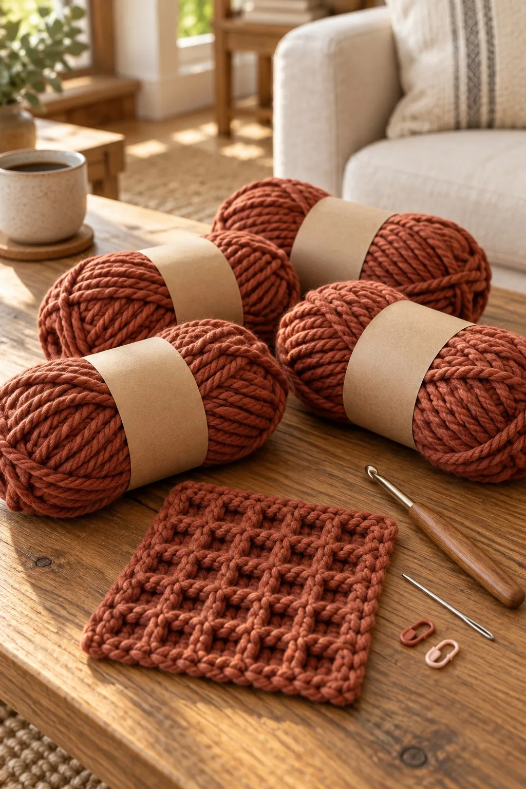 Four rust yarn skeins, a wood-handled crochet hook, a waffle stitch swatch, a yarn needle and stitch markers on oak